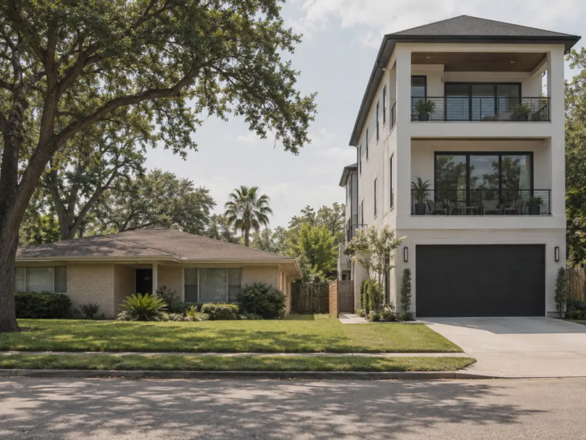 A single-storey mid-century house next door to a much taller recent three-storey rebuild