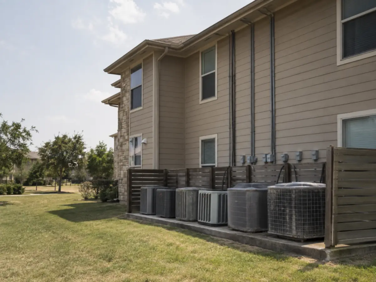 A row of outdoor condenser units on a shared slab behind a screen fence, serving a multi-unit building