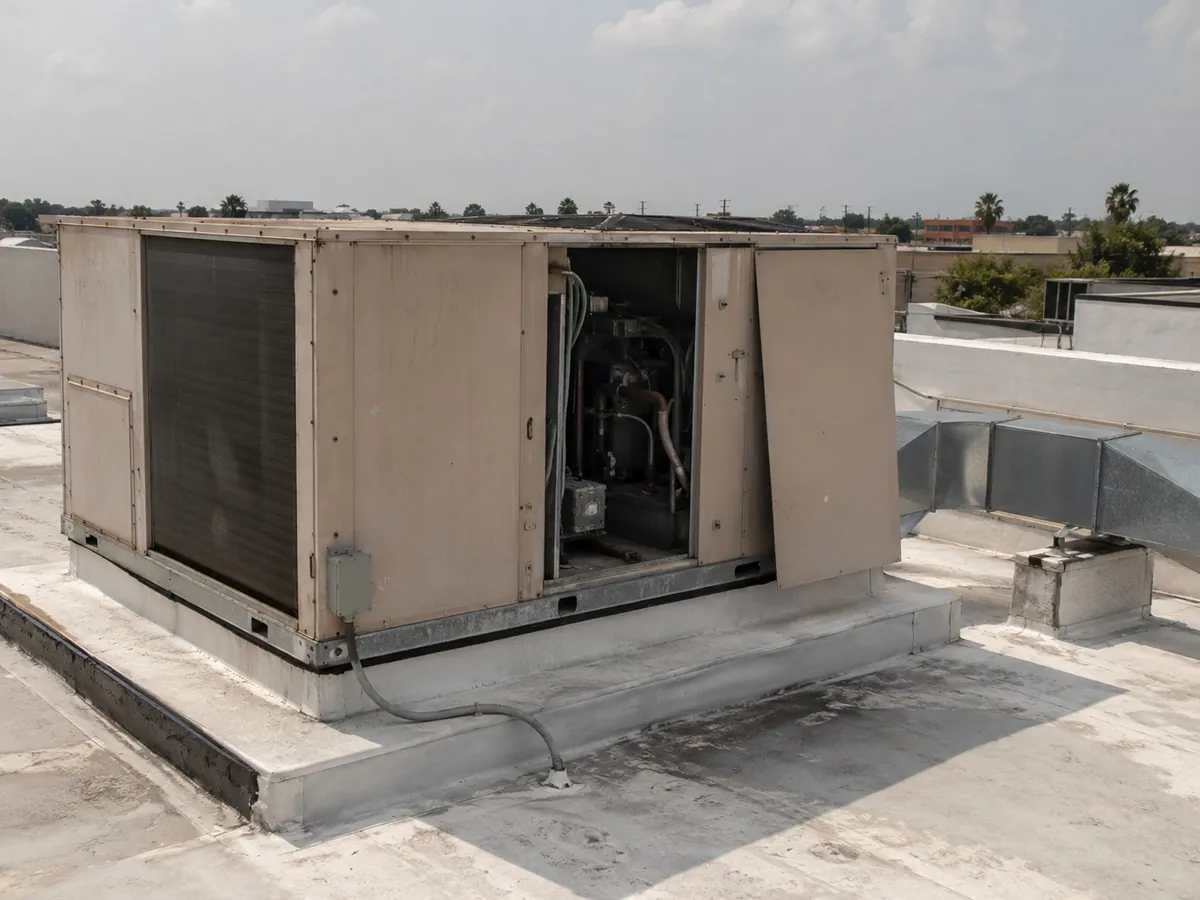 Commercial rooftop packaged HVAC unit on the flat roof of a low-rise building
