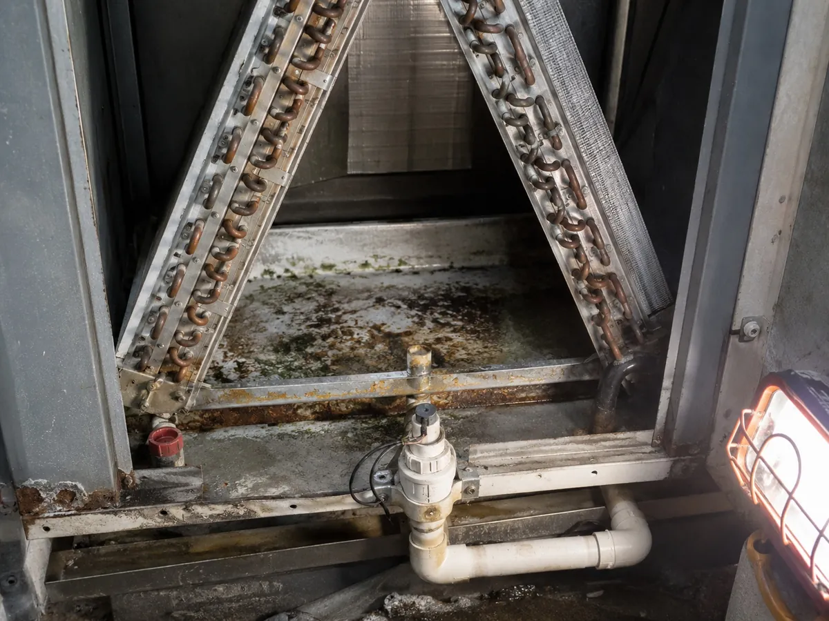 Condensate drain connection and drain pan beneath an evaporator coil in an air handler cabinet