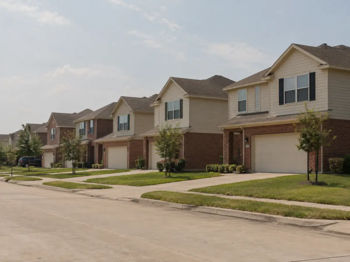 A row of near-identical builder-grade two-storey houses from the early 2000s