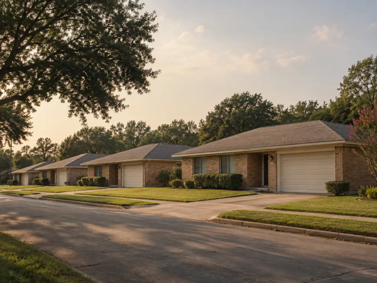 Near-identical single-storey ranch houses of the same floor plan receding down a street