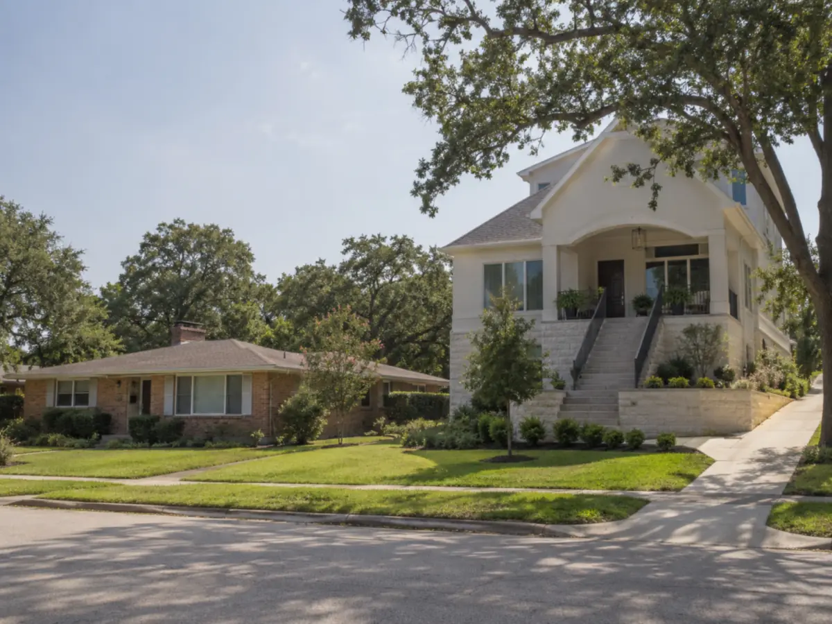 A rebuilt house raised several feet above grade standing beside an unmodified 1950s ranch
