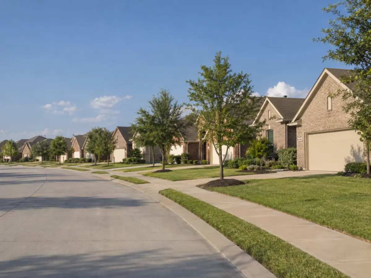 A curving subdivision street where every house was built within a few years of the others