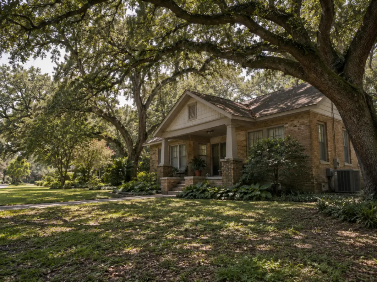 A mid-century brick and wood bungalow under mature live oaks, with cooling equipment added later