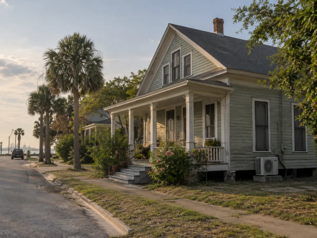 An early twentieth century raised timber house with a deep porch and a modern condenser beside it