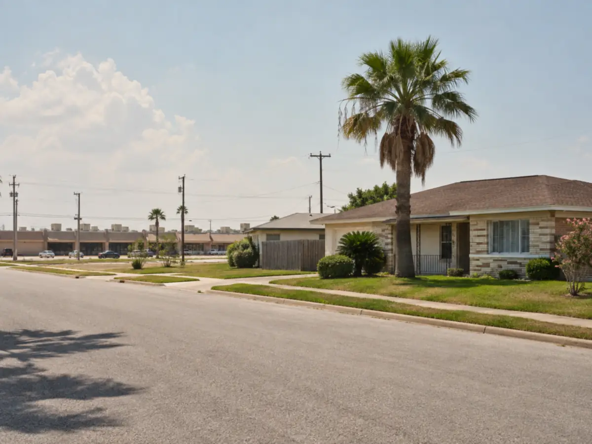 Mid-century single-storey houses with a low-rise retail strip and its rooftop units beyond