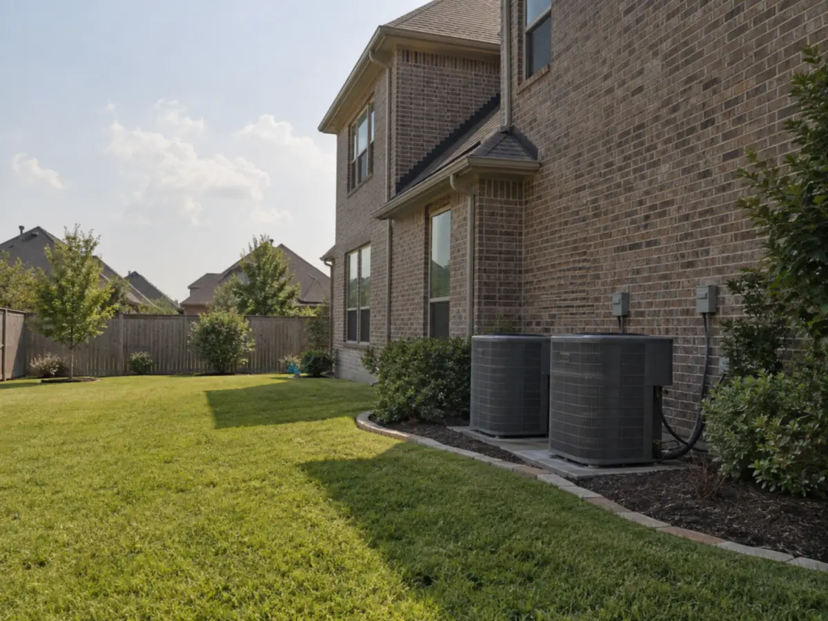 A large two-storey home with two outdoor condenser units side by side at the flank wall