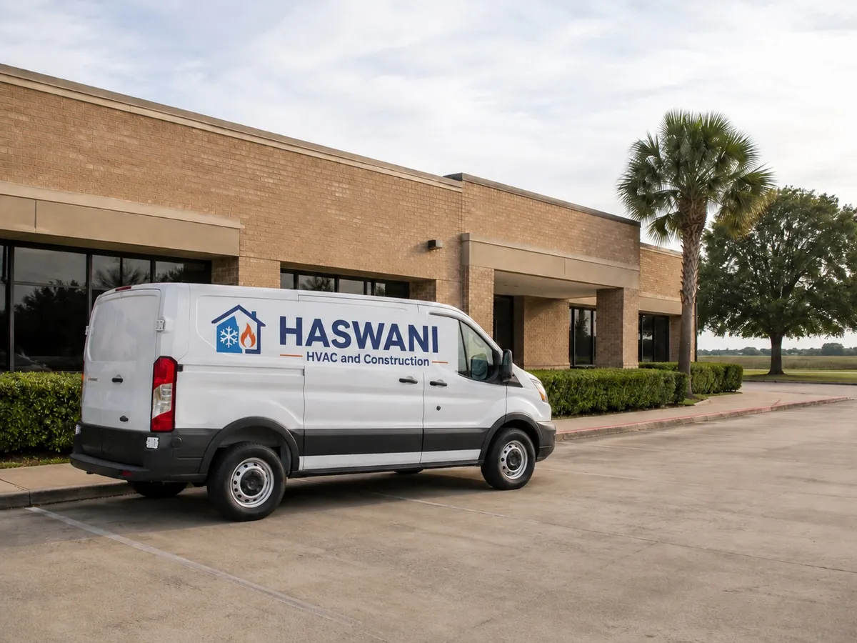 Company service vehicle outside a commercial building on Murphy Road in Stafford, Texas