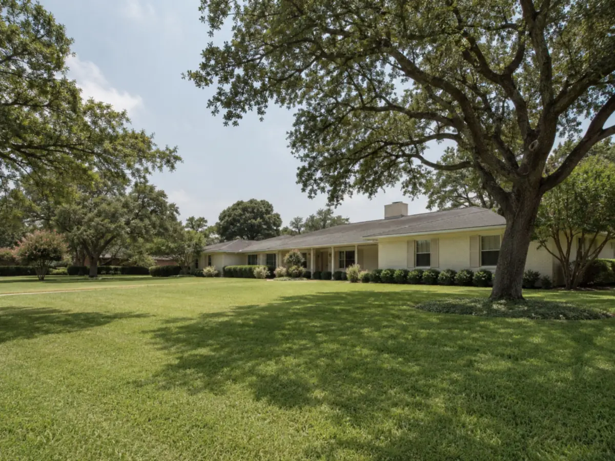 A long single-storey ranch house spread across a wide shaded lot